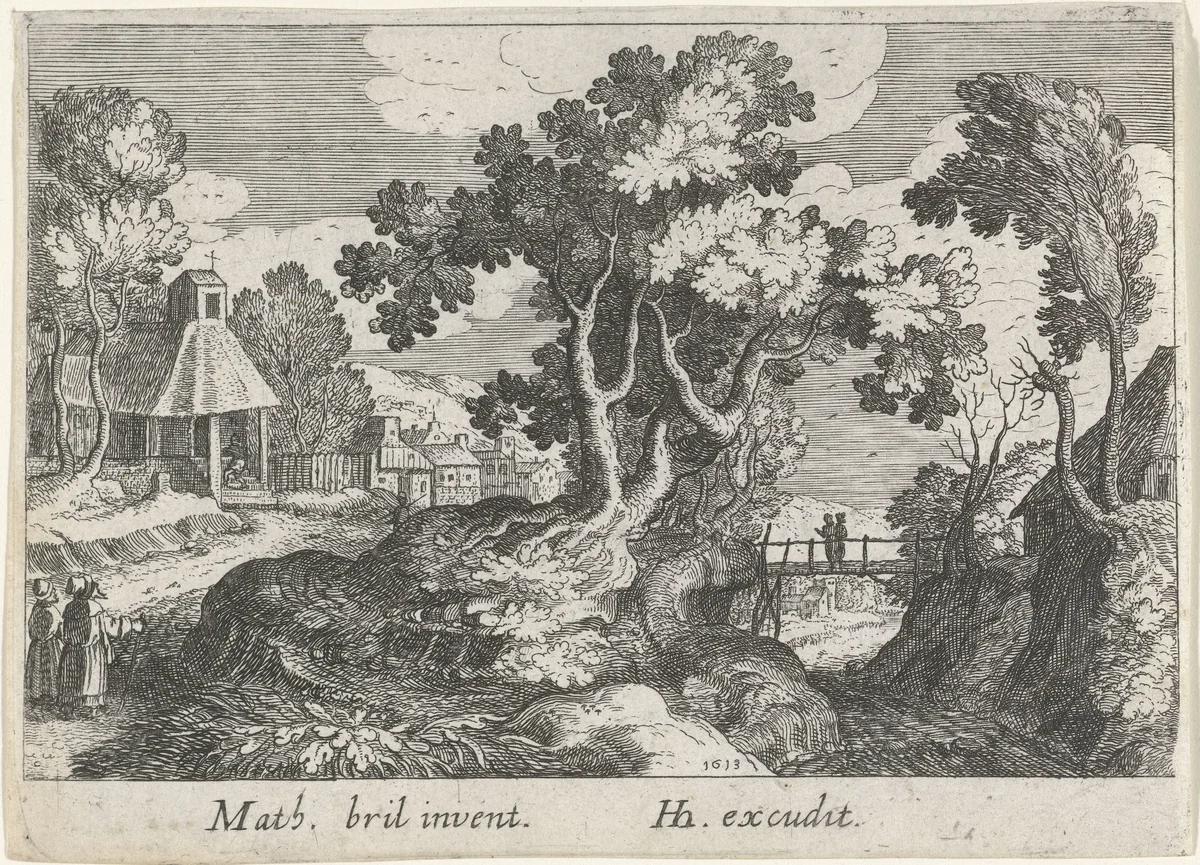 Landschap met een boom by Simon Frisius, print, 1613