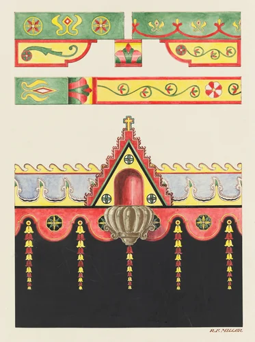 Wall and Ceiling Decorations, and Holy Water Font; Restoration Drawing by Randolph F. Miller, index of american design, 1936