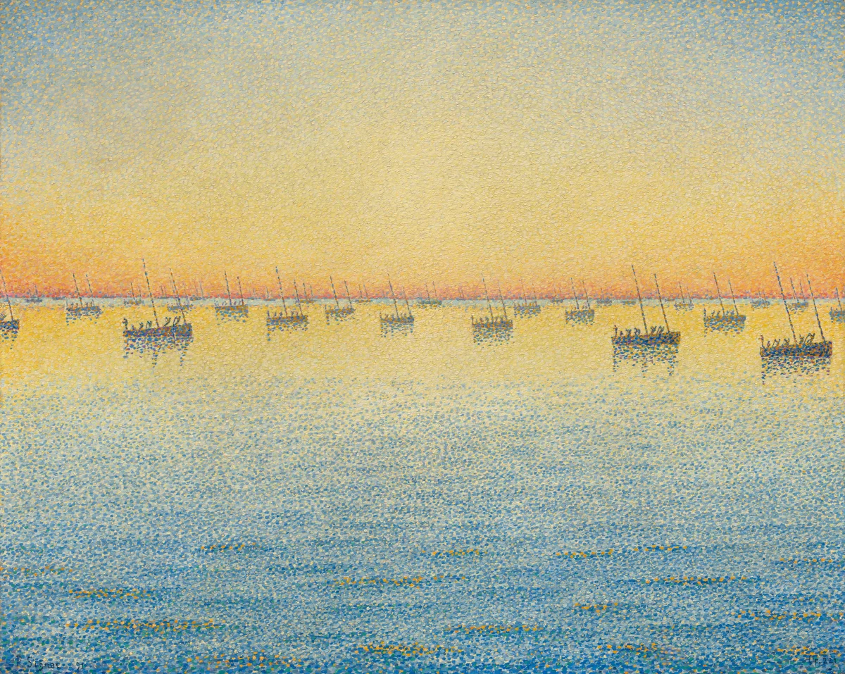 Setting Sun. Sardine Fishing. Adagio. Opus 221 from the series The Sea, The Boats, Concarneau by Paul Signac, painting, 1891