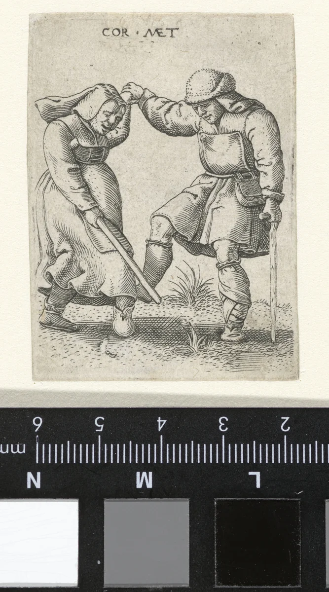 Dansende man en vrouw gekleed als boeren by Unknown, print, 1538-1577