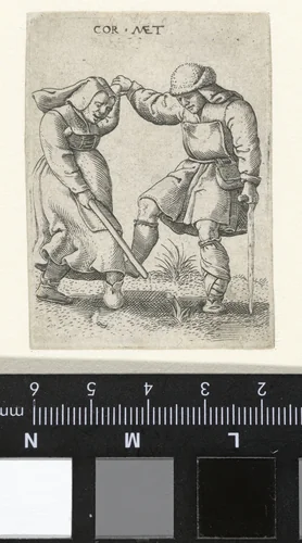 Dansende man en vrouw gekleed als boeren by Unknown, print, 1538-1577