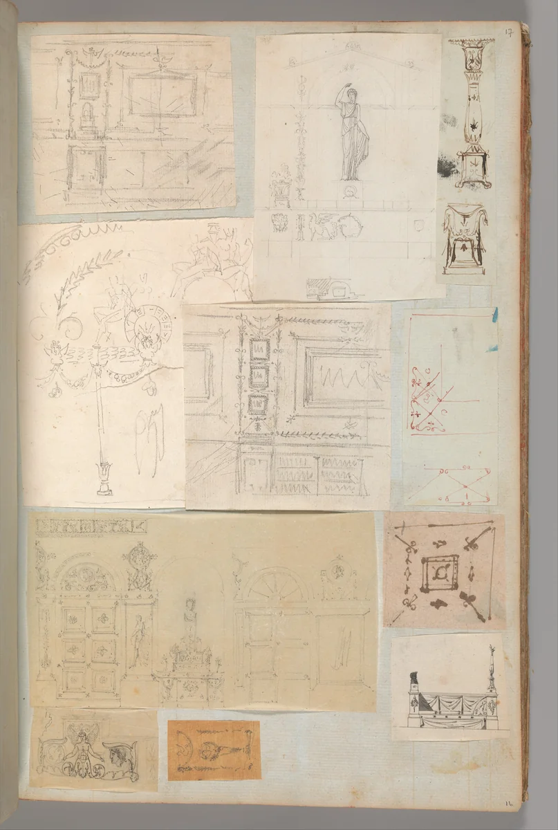 Page from a Scrapbook containing Drawings and Several Prints of Architecture, Interiors, Furniture and Other Objects by Charles Percier, book, 1795-1805