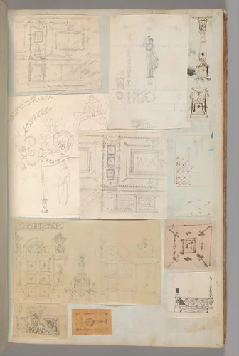 Page from a Scrapbook containing Drawings and Several Prints of Architecture, Interiors, Furniture and Other Objects by Charles Percier, book, 1795-1805