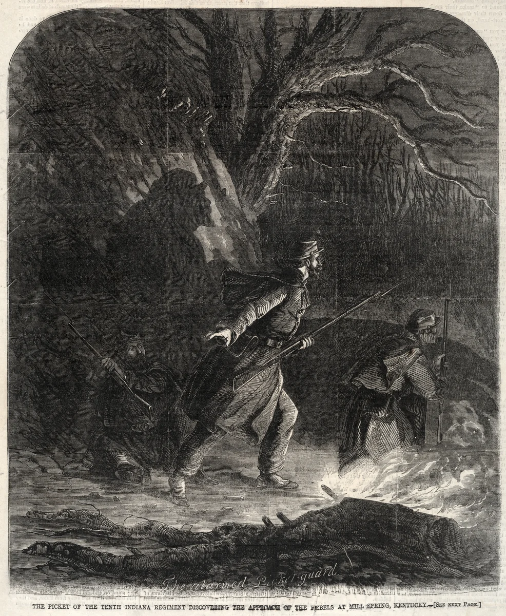 The Picket of the Tenth Indiana Regiment discovering the Approach of the Rebels at Mill Spring, Kentucky by Winslow Homer, print, 1861-1865