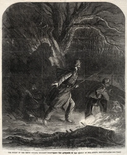 The Picket of the Tenth Indiana Regiment discovering the Approach of the Rebels at Mill Spring, Kentucky by Winslow Homer, print, 1861-1865