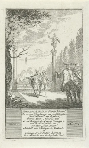 Twee paar historische figuren in gesprek by Simon Fokke, print, 1722-1784