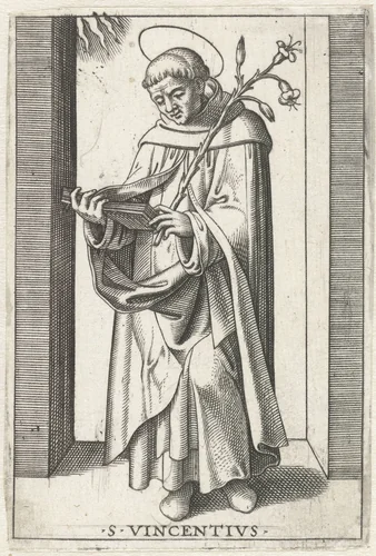 Heilige Vincentius met lelie by anonymous, print, 1500-1575
