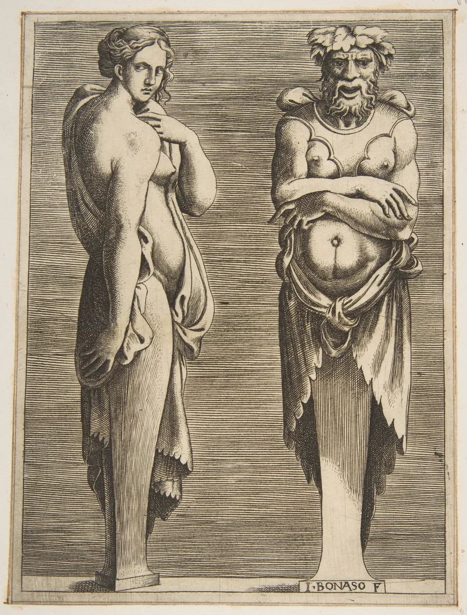 Two Terms, a Nymph at left Silvanus at right by Giulio Bonasone, print, 1525-1535