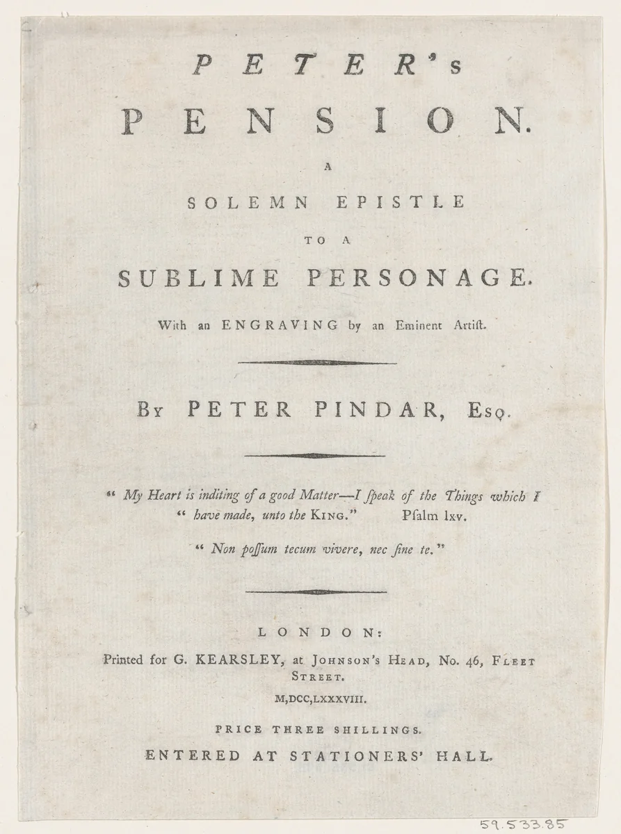 Title page, from Peter's Pension by Peter Pindar, Esq. by George Kearsley, print, 1787