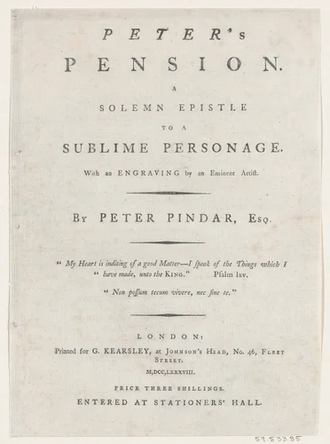 Title page, from Peter's Pension by Peter Pindar, Esq. by George Kearsley, print, 1787