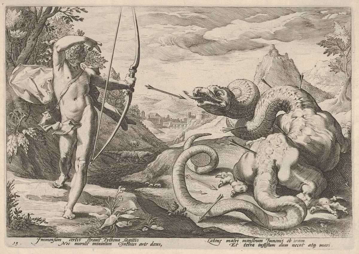 Apollo Killing the Python by Robert Willemsz. de Baudous, print, 1565-1750