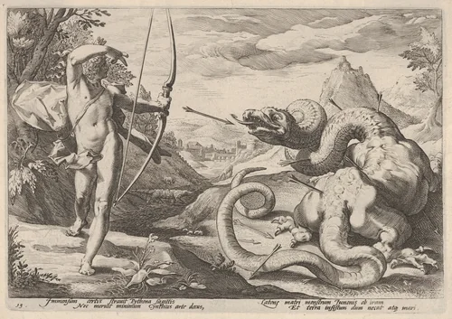 Apollo Killing the Python by Robert Willemsz. de Baudous, print, 1565-1750
