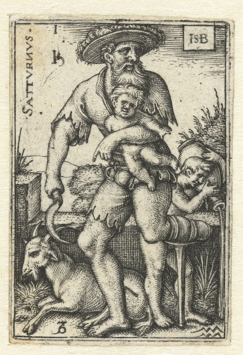 Saturnus met sterrenbeelden Steenbok en Waterman by Unknown, print, 1539