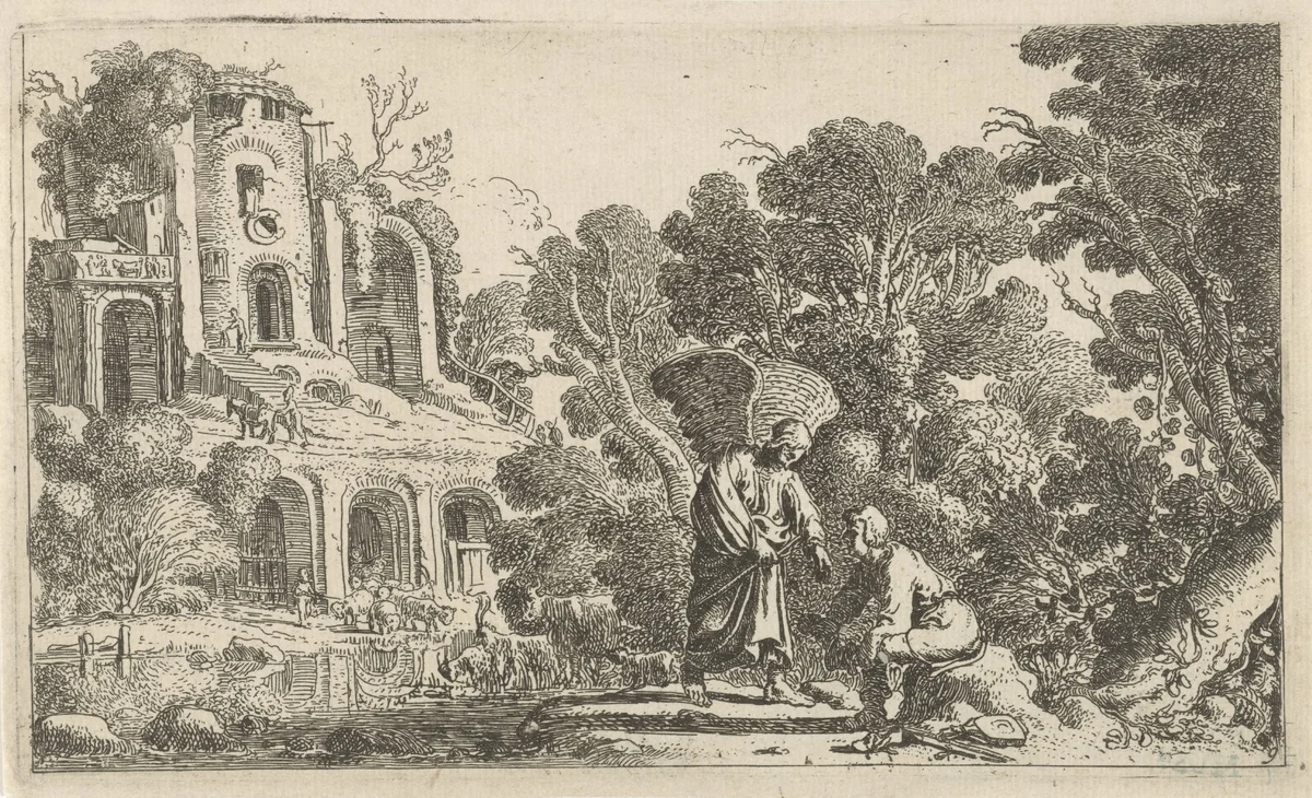 Tobias en de engel bij de Tigris by Claes Moeyaert, print, 1612-1655