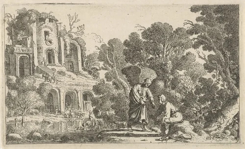 Tobias en de engel bij de Tigris by Claes Moeyaert, print, 1612-1655