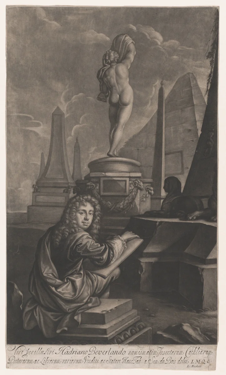 Portrait of Hadriaan Beverland Drawing a Sculpture of the Callipygian Venus by Isaac Beckett, print, 1686