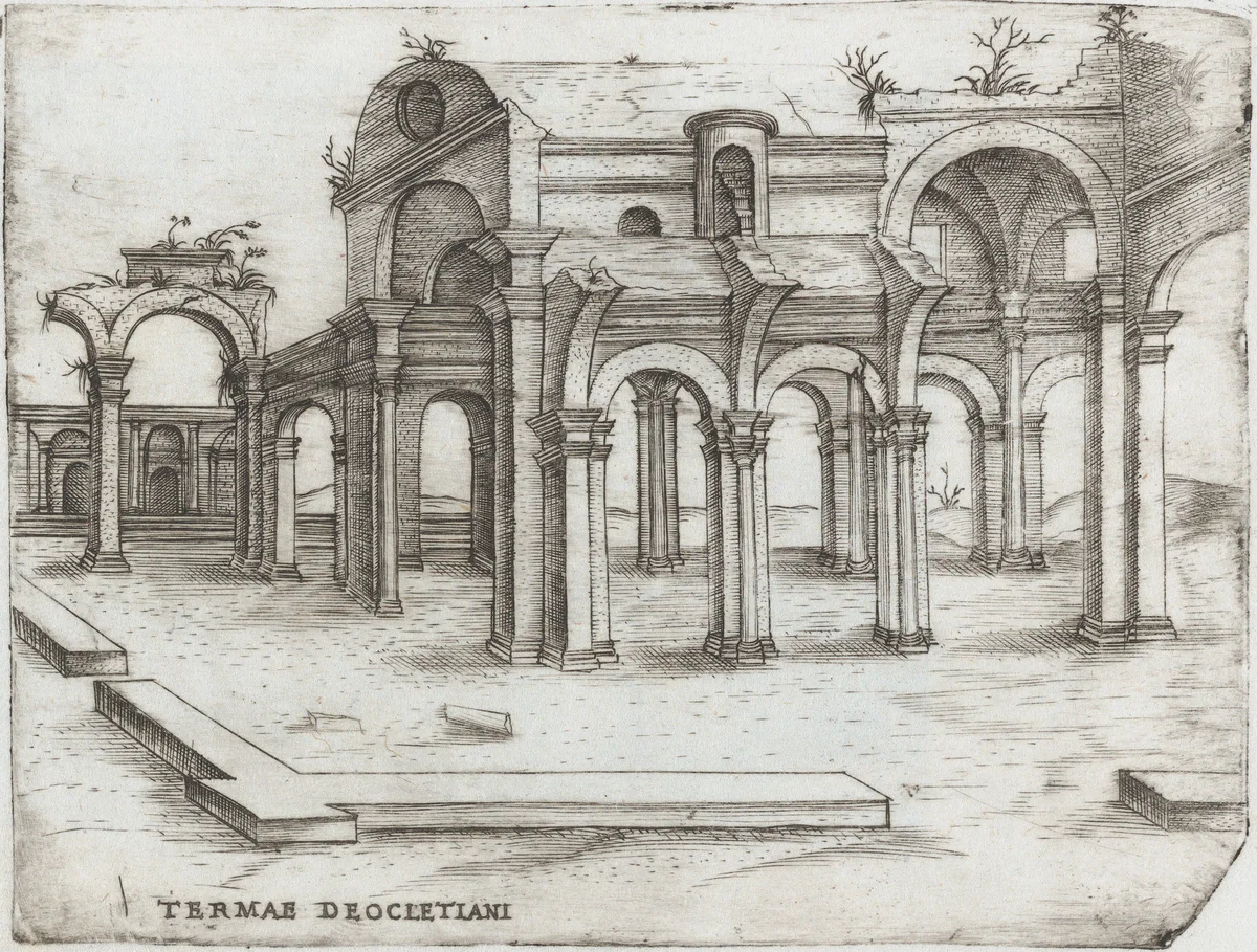 Sepulchrum Adriani, from a Series of Prints depicting (reconstructed) Buildings from Roman Antiquity by Monogrammist G.A. with the Caltrop, book, 1530-1550