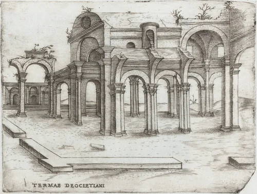 Sepulchrum Adriani, from a Series of Prints depicting (reconstructed) Buildings from Roman Antiquity by Monogrammist G.A. with the Caltrop, book, 1530-1550