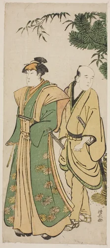The Actor Segawa Kikunojo III and his attendant making cermonial rounds at New Year's by Torii Kiyonaga (鳥居清長), print, 1778-1788
