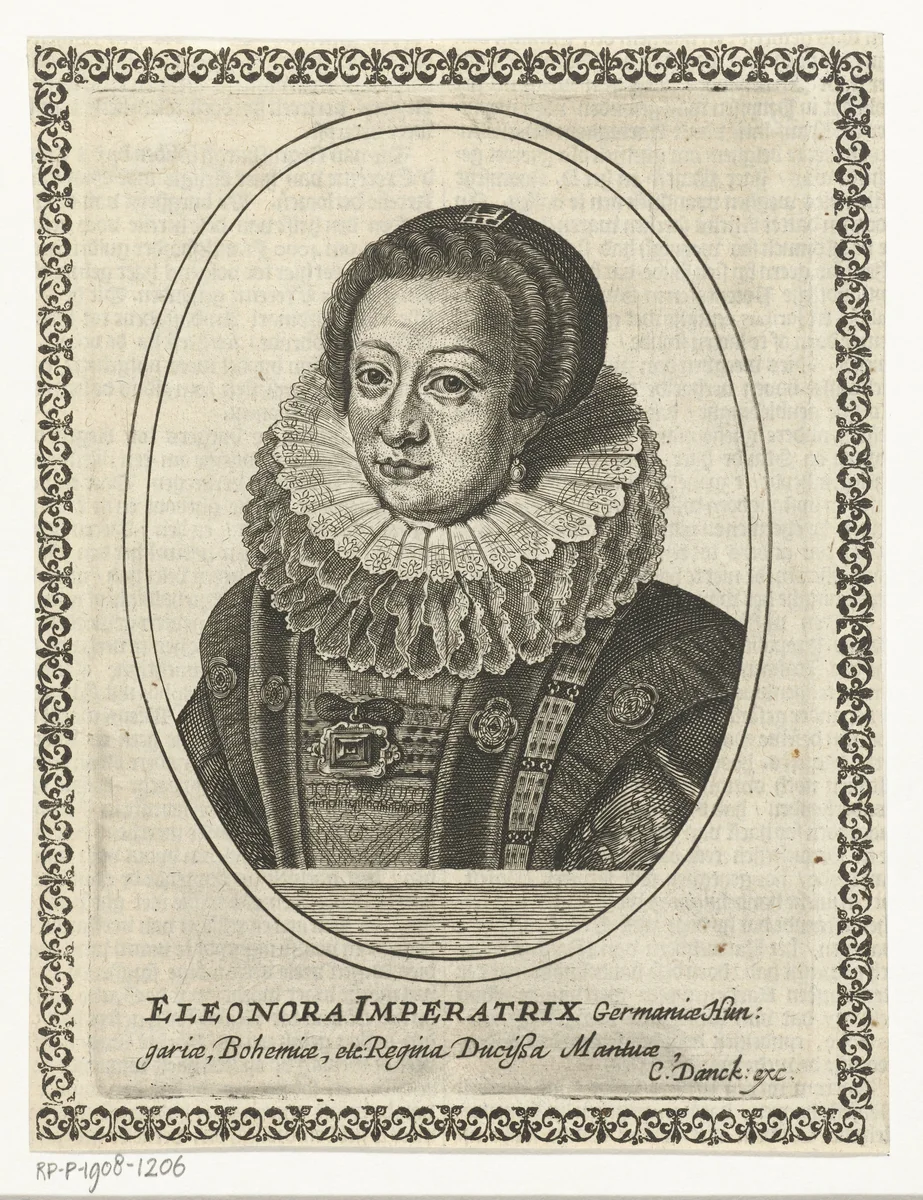 Portret van Eleonora Gonzaga in ovaal by Cornelis Danckerts, print, 1613-1656