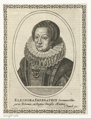 Portret van Eleonora Gonzaga in ovaal by Cornelis Danckerts, print, 1613-1656