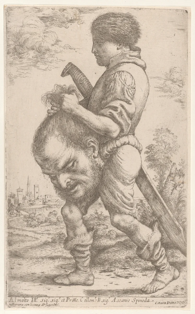 David carrying the head of Goliath, which he holds by the hair by Giuseppe Caletti, print, 1620-1630