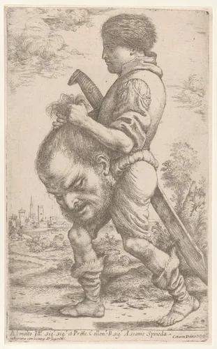 David carrying the head of Goliath, which he holds by the hair by Giuseppe Caletti, print, 1620-1630