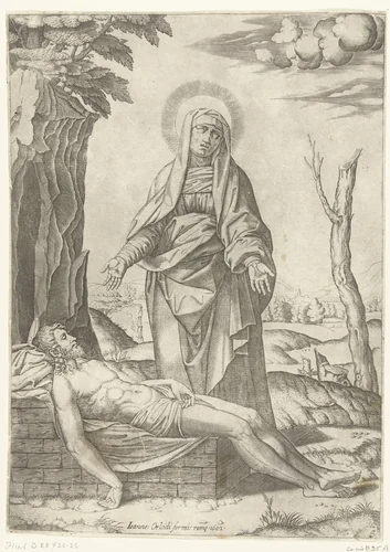 Bewening van dode Christus door Maria by anonymous, print, 1515-1602