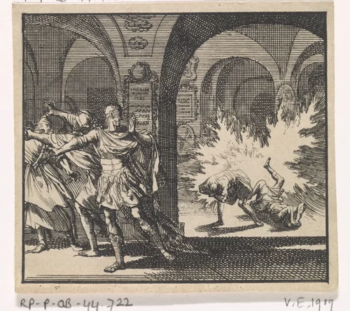 Herodes' soldaten worden in het graf van David door een vlam gedood by Jan Luyken, print, 1698