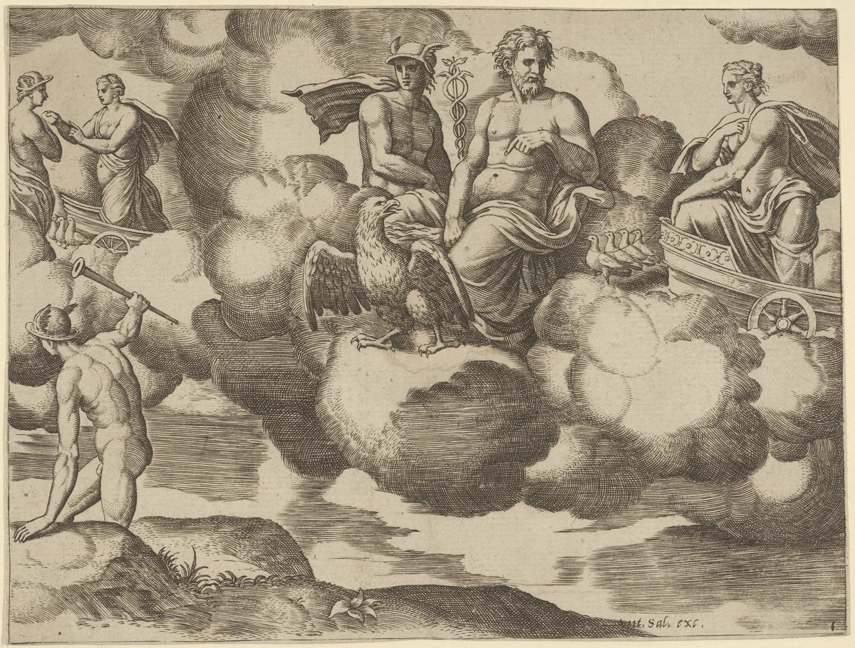 Venus in her dove-drawn chariot complaining to Jupiter who is accompanied by Mercury, from 'The Fable of Psyche' by Master of the Die, print, 1530-1560