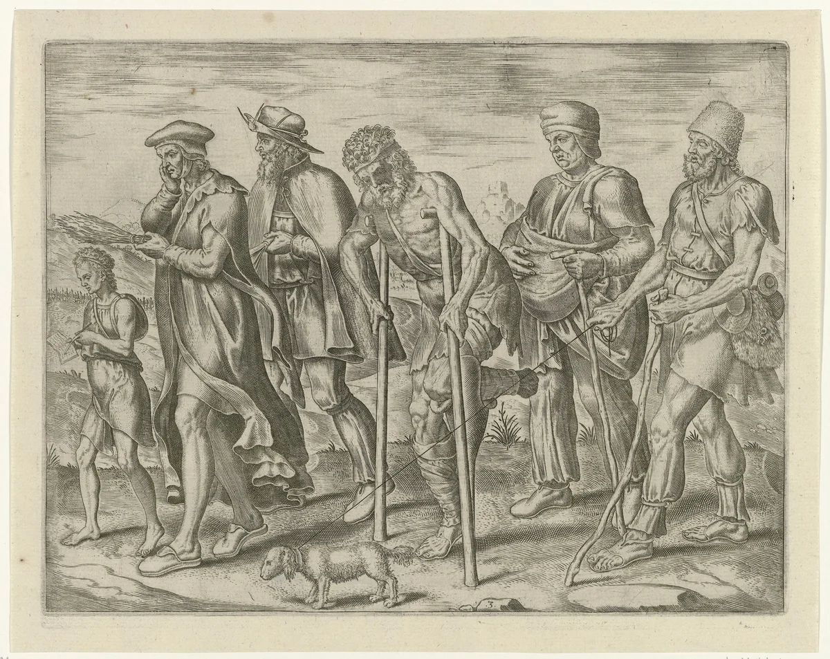 Studie en ziekte begeleiden de mens op zijn levensweg by Philips Galle, print, 1563