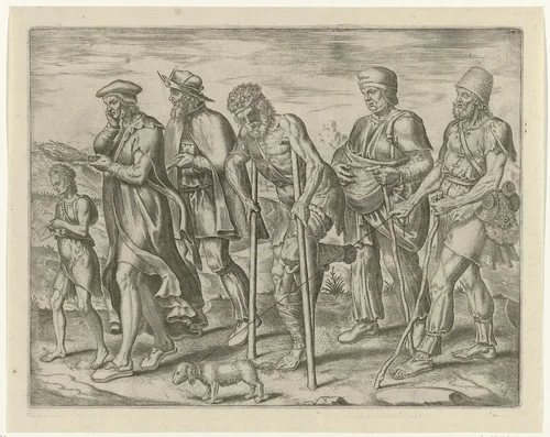 Studie en ziekte begeleiden de mens op zijn levensweg by Philips Galle, print, 1563