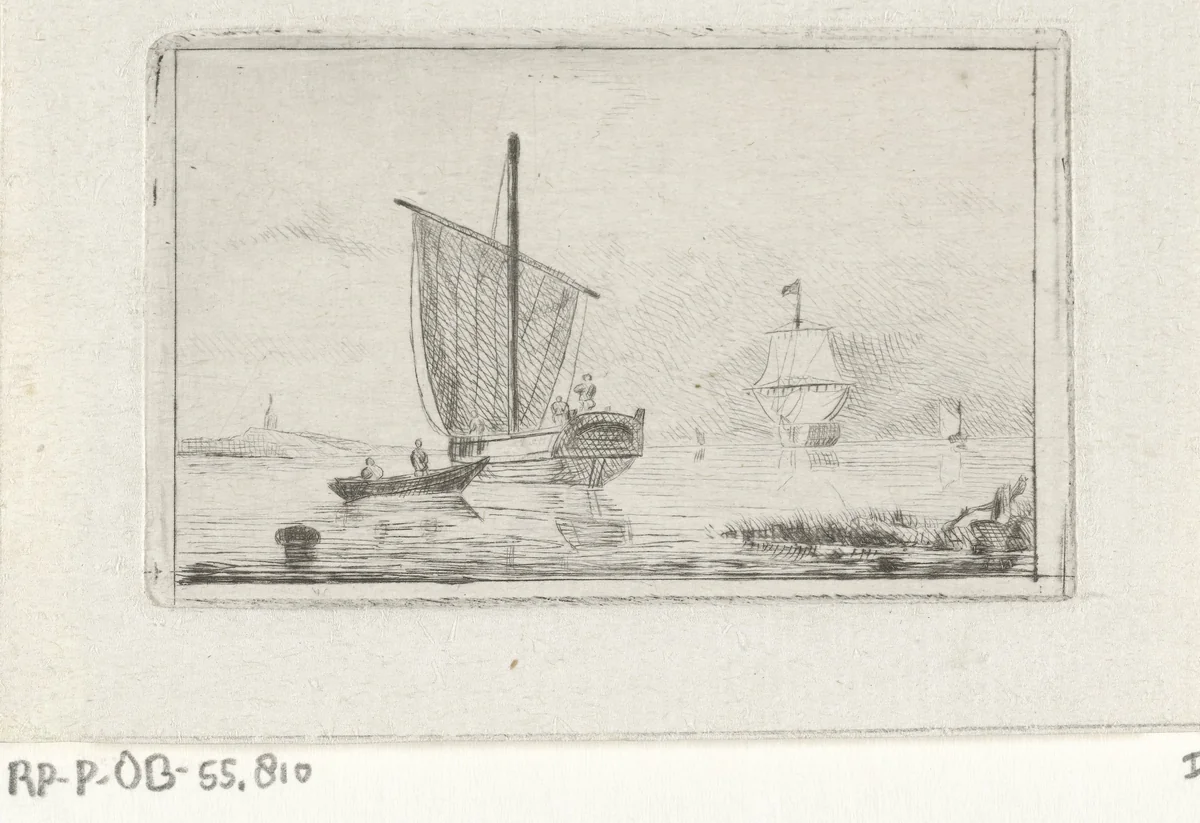 Riviergezicht met zeilschip by Willem Gruyter jr., print, 1832-1880