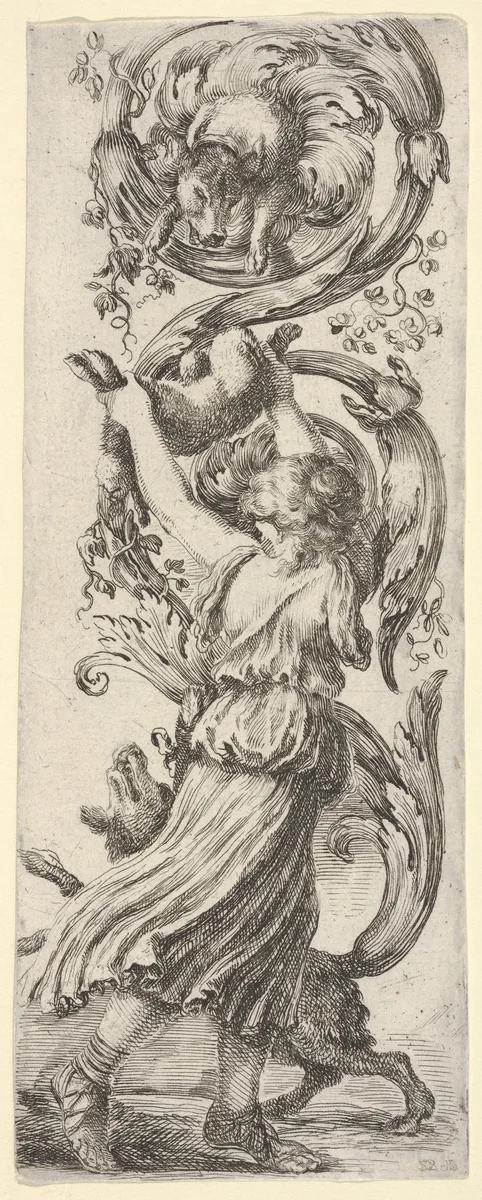 A young girl, seen from behind, lifting a rabbit into the air for a dog above to grasp, another dog at her feet, from "Ornaments or Grotesques" (Ornamenti o Grottesche) by Stefano della Bella, print, 1650-1656