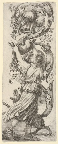 A young girl, seen from behind, lifting a rabbit into the air for a dog above to grasp, another dog at her feet, from "Ornaments or Grotesques" (Ornamenti o Grottesche) by Stefano della Bella, print, 1650-1656