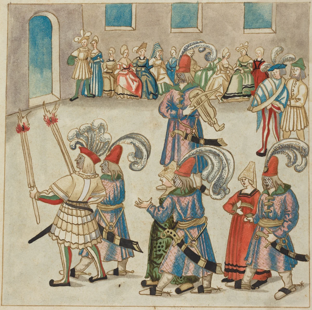 Two Dancing Couples Led by Torch-bearing Knights by German 16th Century, drawing, 1515