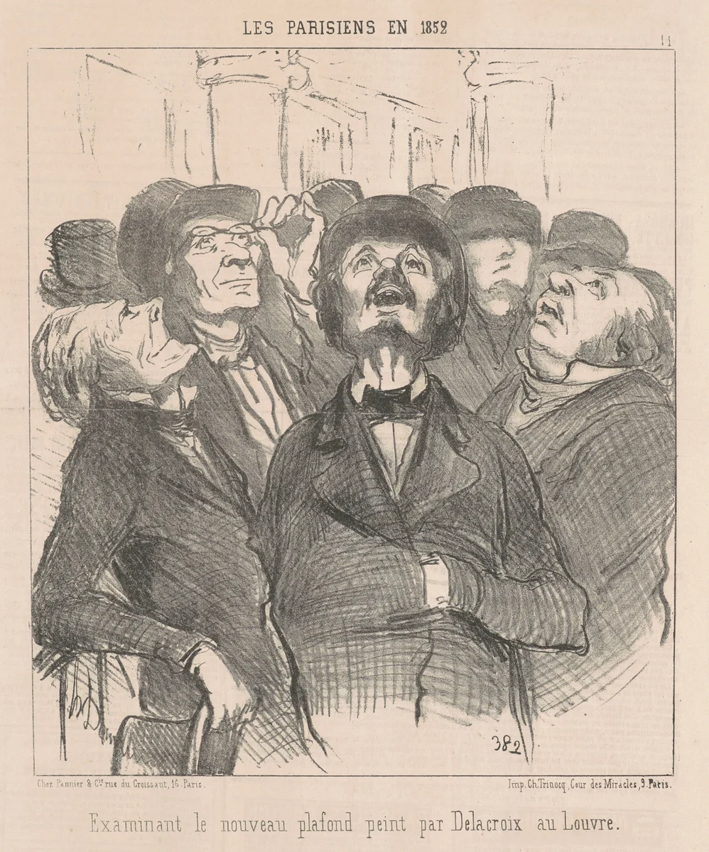 Examinant le nouveau plafond ... by Honoré Daumier, print, 1852