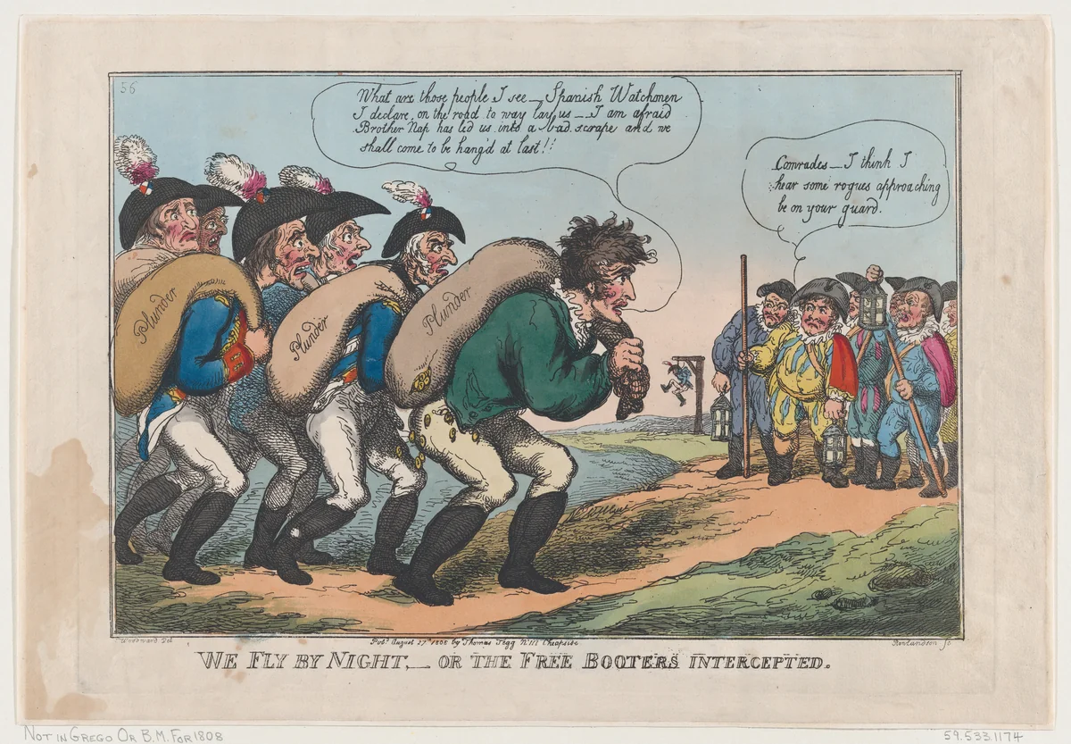 We Fly By Night, Or The Free Booters Intercepted by Thomas Rowlandson, print, 1808