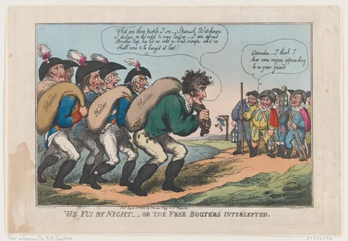 We Fly By Night, Or The Free Booters Intercepted by Thomas Rowlandson, print, 1808