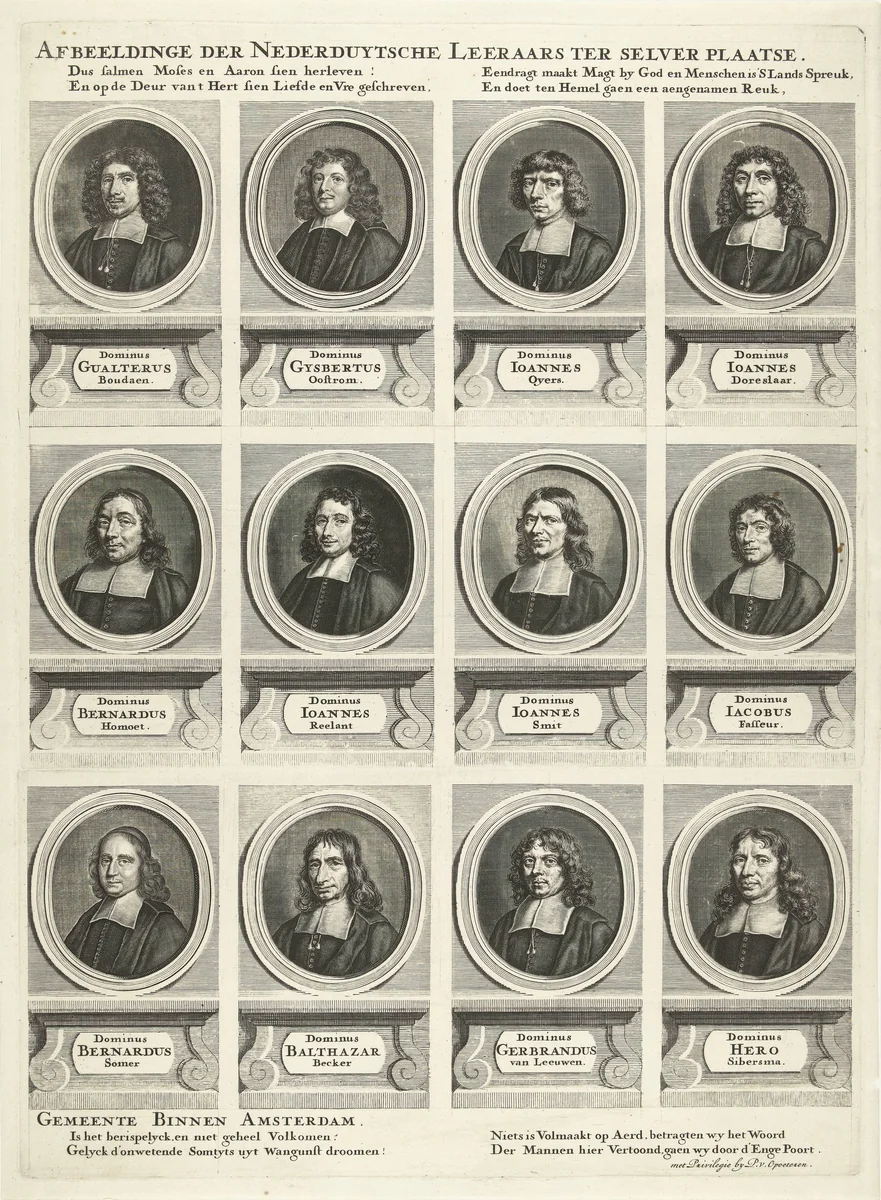 Rechterhelft met twaalf portretten van in totaal vierentwintig predikanten van Amsterdam, werkzaam tussen 1681-1686 by anonymous, print, 1686