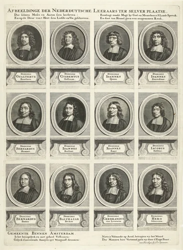 Rechterhelft met twaalf portretten van in totaal vierentwintig predikanten van Amsterdam, werkzaam tussen 1681-1686 by anonymous, print, 1686