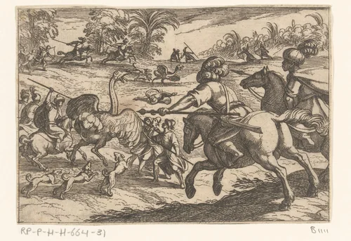 Jacht op struisvogels by Antonio Tempesta, print, 1598