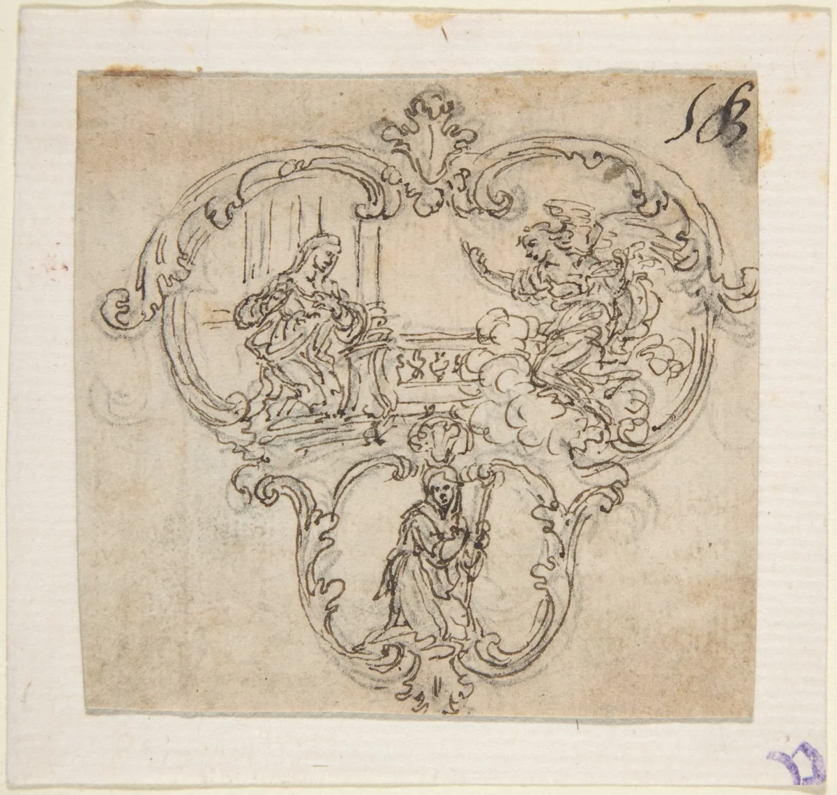 Design for a Cartouche with an Annunication above and a Kneeling Figure with Staff Below by Giovanni Battista Foggini, drawing, 1652-1725
