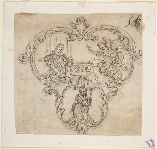 Design for a Cartouche with an Annunication above and a Kneeling Figure with Staff Below by Giovanni Battista Foggini, drawing, 1652-1725