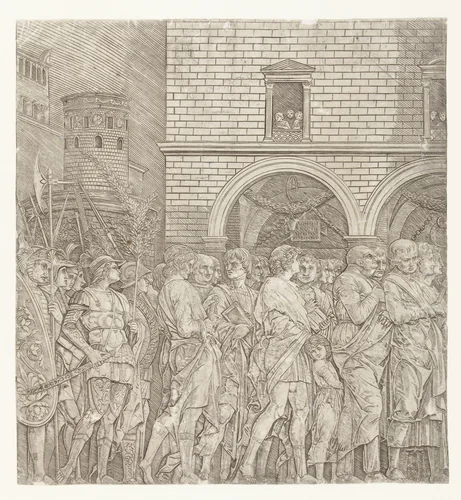 Senatoren in triomftocht van Julius Caesar by Unknown, print, 1486-1492