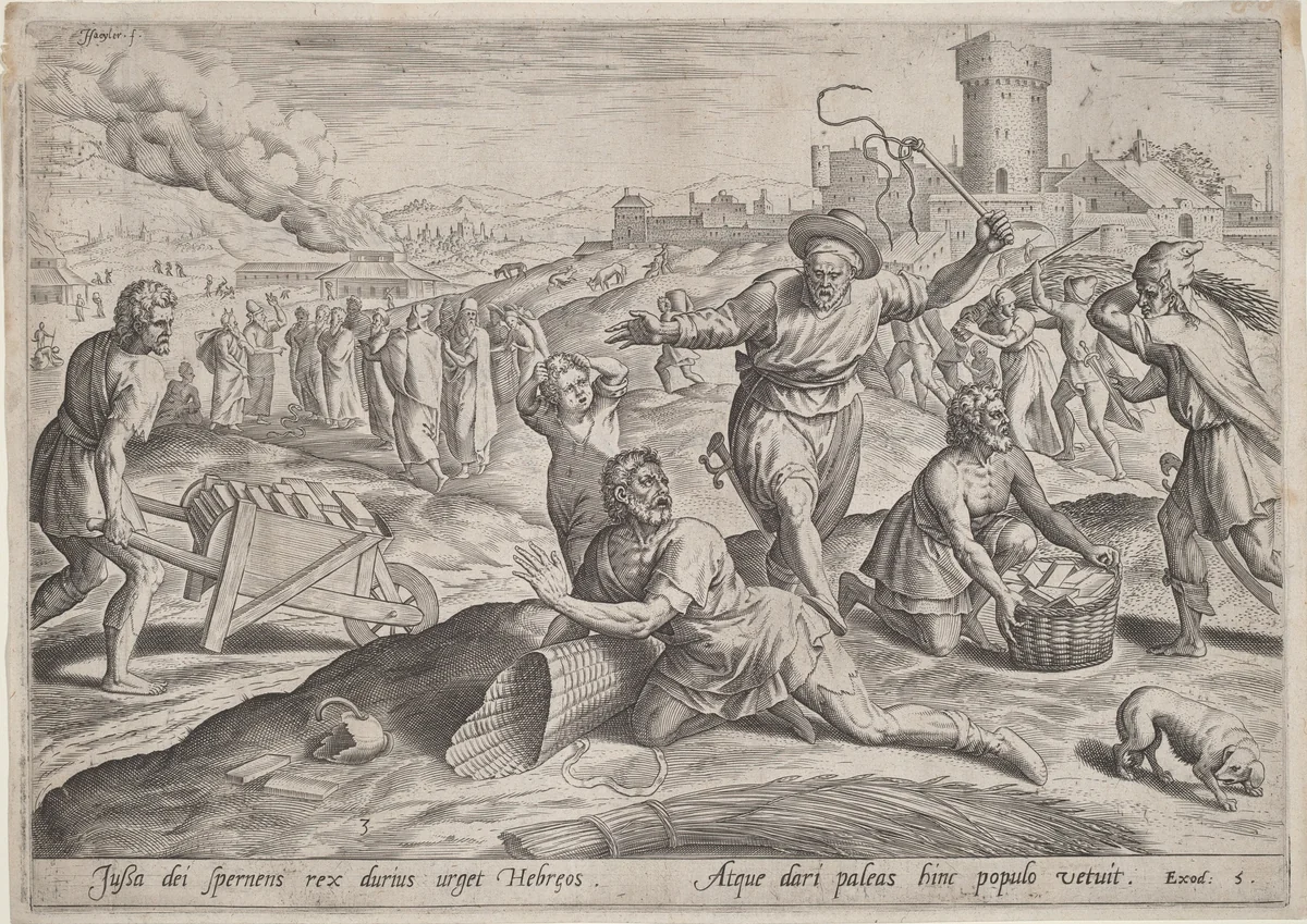 The Taskmaster of the Pharaoh Beating the Israelites by Jan Sadeler I; Maarten van Cleef, print, 1580-1590