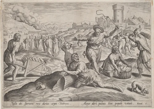 The Taskmaster of the Pharaoh Beating the Israelites by Jan Sadeler I; Maarten van Cleef, print, 1580-1590