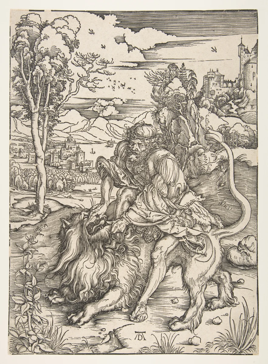 Samson Rending the Lion by Albrecht Dürer, print, 1497-1498