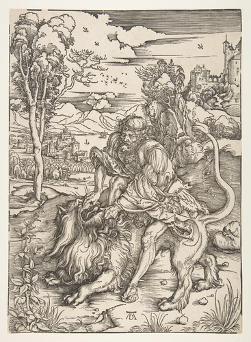 Samson Rending the Lion by Albrecht Dürer, print, 1497-1498