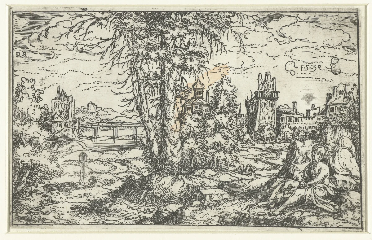 Landschap met vrouw en kind by Unknown, print, 1539
